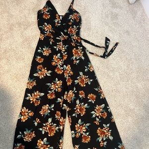 Xhilaration Black and Orange Floral Jumpsuit with Wide-Leg Design